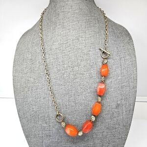 VINTAGE Monet Burnt Orange and Gold Beaded Offset Toggle Close Signed Necklace